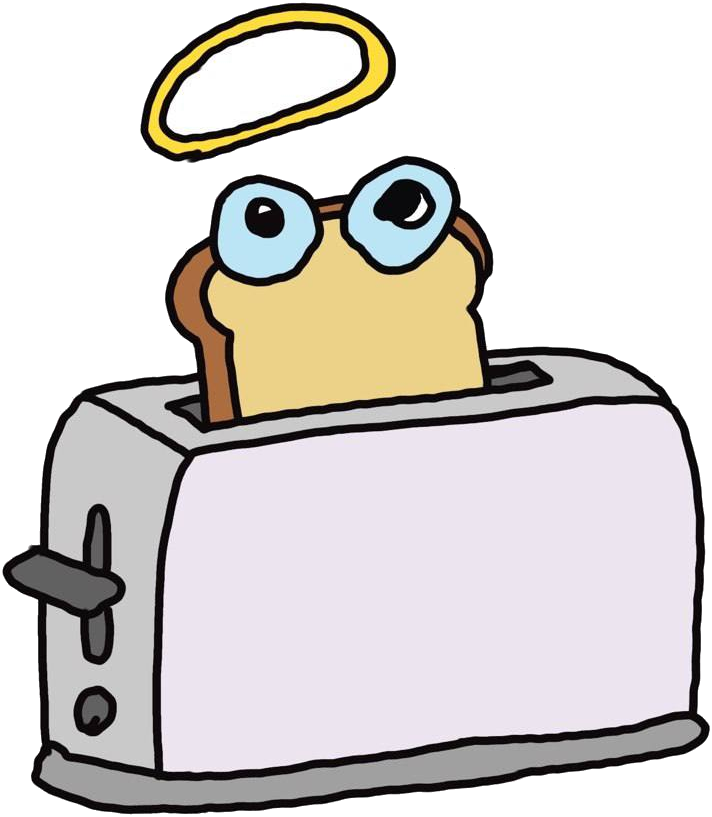 A slice of toast with a halo, rising from a lavender toaster